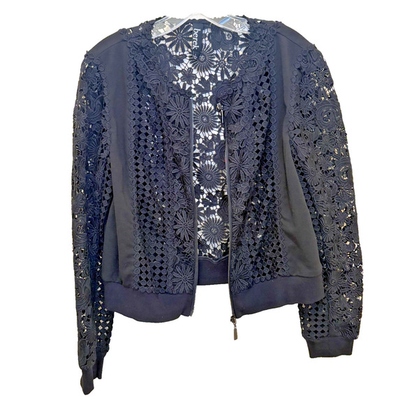 Berek Black Lace Bomber Jacket with Ornate floral Design Large - Picture 1 of 6